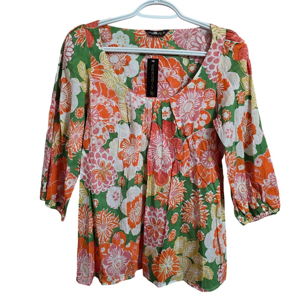 Chaudry KC 3/4 Sleeve‎ Bohemian Hippie 70s Floral Blouse Small